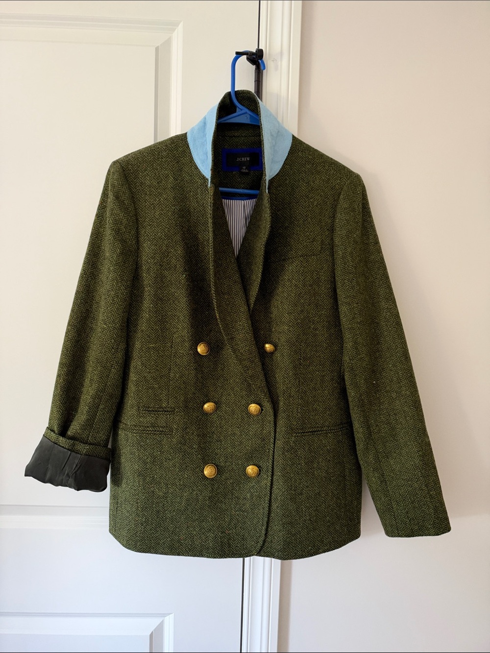 J. Crew Olive Green Double-Breasted Herringbone Blazer with Gold Buttons